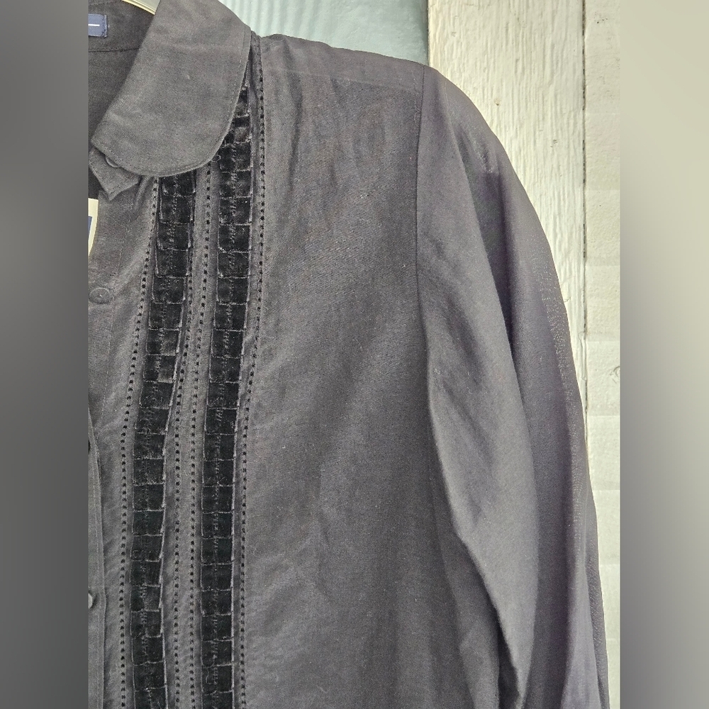 GAP Black Sheer Button-Front Blouse with Velvet Pintuck Detail - Picture 5 of 7